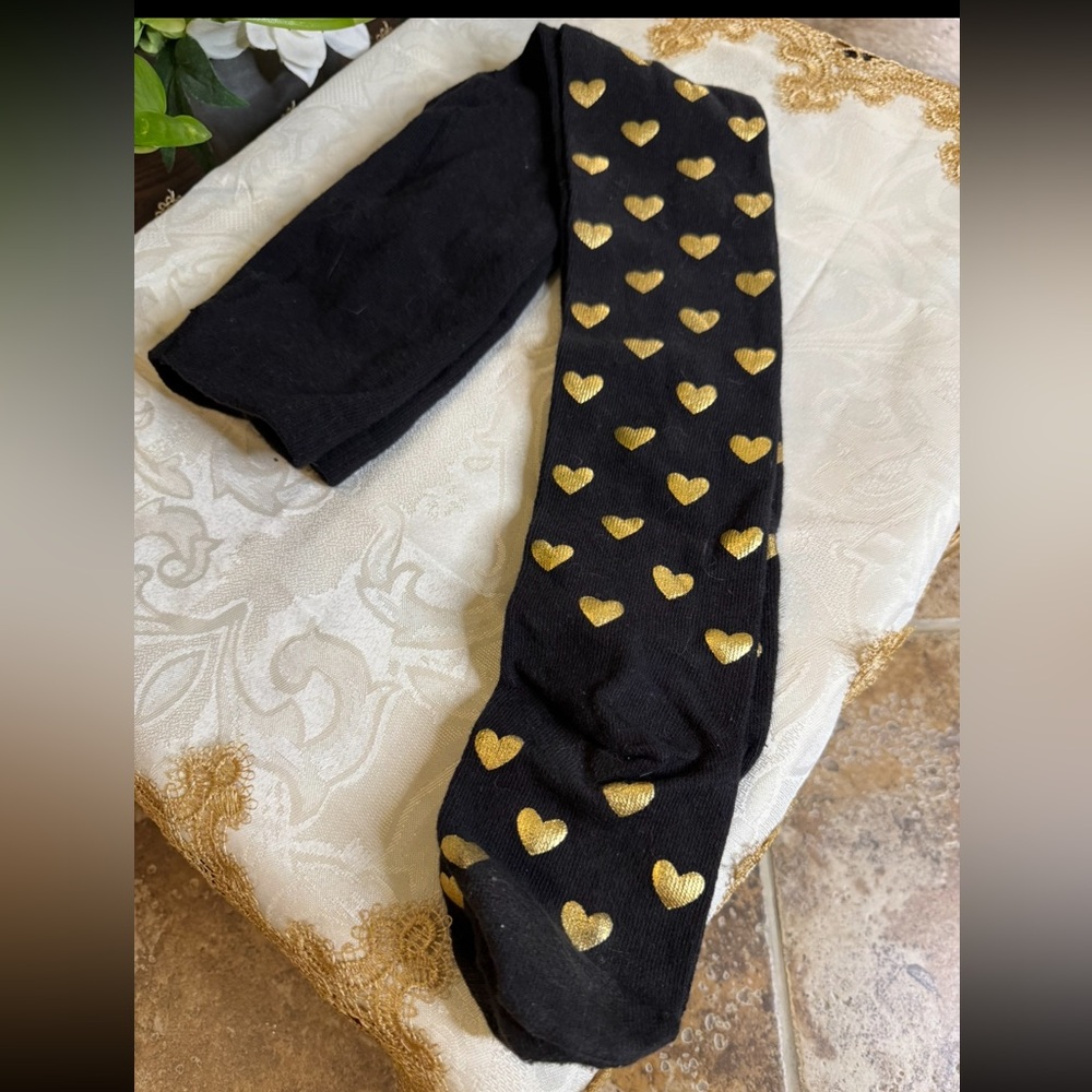 Girl’s Black and Gold Heart Patterned Tights